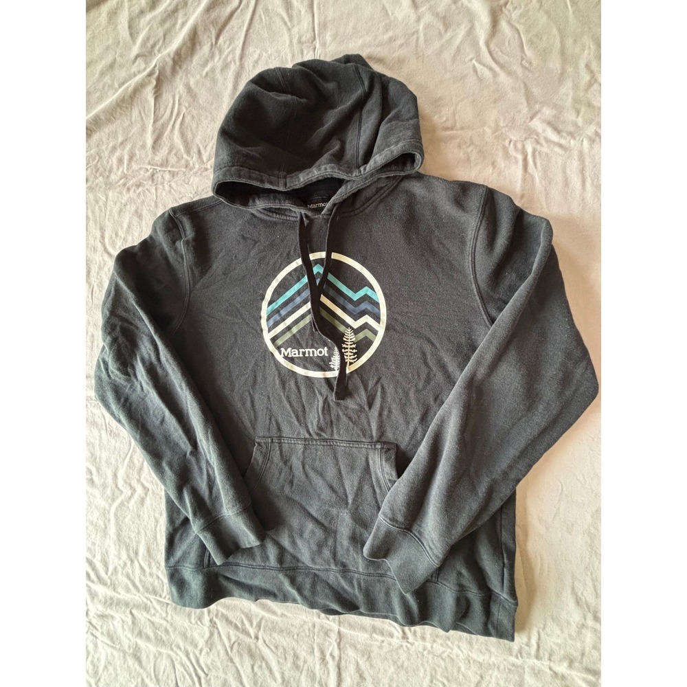 Marmot Mens Mountain Graphic Pullover Hoodie Black Outdoor Sweatshirt Large